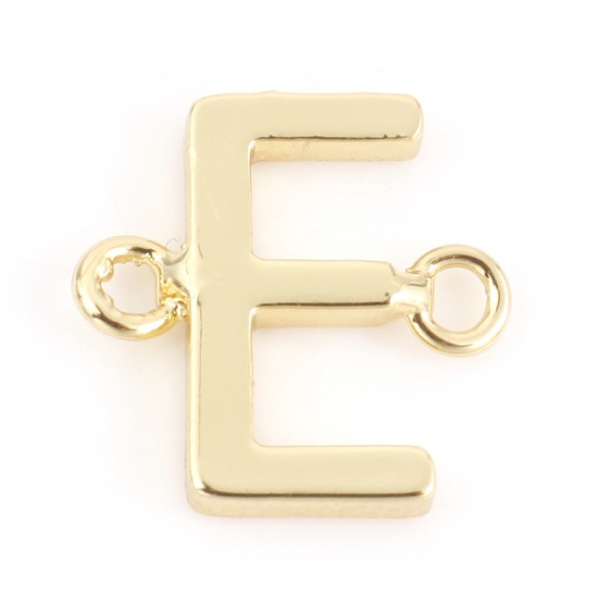 Immagine di Ottone Pendenti Charms Connettori Accessori Lettera 18K Vero Oro Placcato Lettere " E " 10.5mm x 10mm, 2 Pz