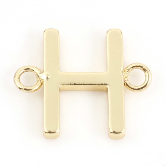 Immagine di Ottone Pendenti Charms Connettori Accessori Lettera 18K Vero Oro Placcato Lettere " H " 12mm x 10mm, 2 Pz