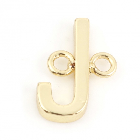 Immagine di Ottone Pendenti Charms Connettori Accessori Lettera 18K Vero Oro Placcato Lettere " J " 11mm x 8mm, 2 Pz