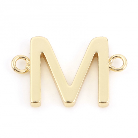 Immagine di Ottone Pendenti Charms Connettori Accessori Lettera 18K Vero Oro Placcato Lettere " M " 16mm x 10mm, 2 Pz