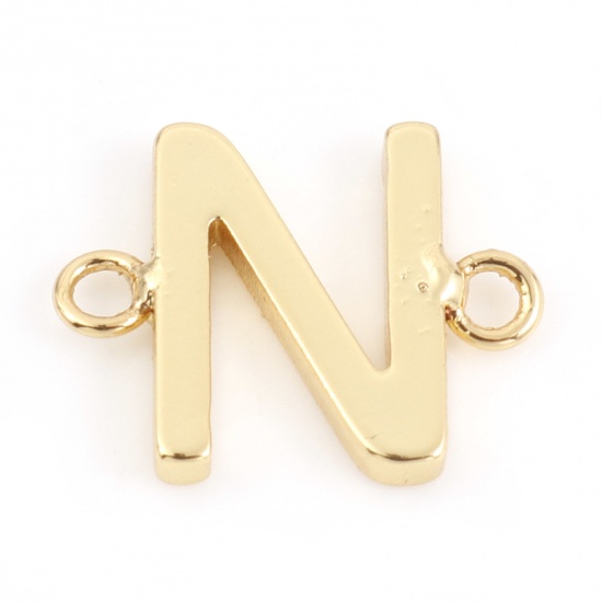 Immagine di Ottone Pendenti Charms Connettori Accessori Lettera 18K Vero Oro Placcato Lettere " N " 13mm x 10mm, 2 Pz