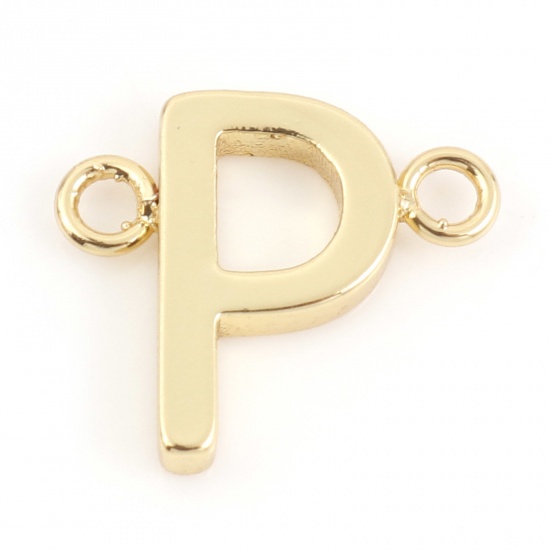 Immagine di Ottone Pendenti Charms Connettori Accessori Lettera 18K Vero Oro Placcato Lettere " P " 11mm x 10mm, 2 Pz