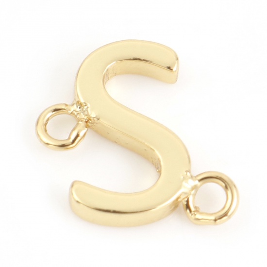 Immagine di Ottone Pendenti Charms Connettori Accessori Lettera 18K Vero Oro Placcato Lettere " S " 10mm x 10mm, 2 Pz