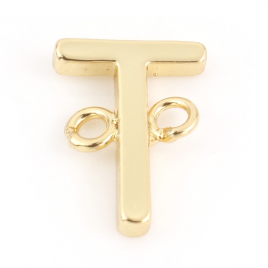 Immagine di Ottone Pendenti Charms Connettori Accessori Lettera 18K Vero Oro Placcato Lettere " T " 10mm x 8mm, 2 Pz