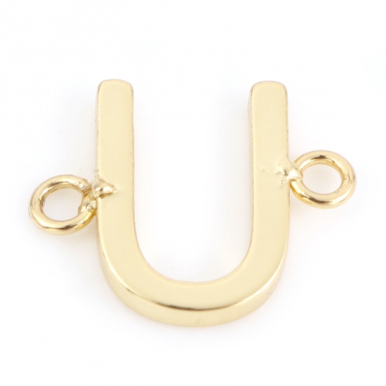 Immagine di Ottone Pendenti Charms Connettori Accessori Lettera 18K Vero Oro Placcato Lettere " U " 13mm x 10mm, 2 Pz