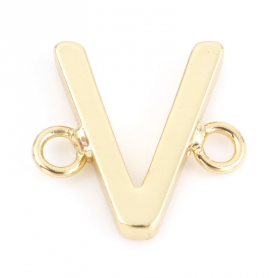 Immagine di Ottone Pendenti Charms Connettori Accessori Lettera 18K Vero Oro Placcato Lettere " V " 10mm x 10mm, 2 Pz