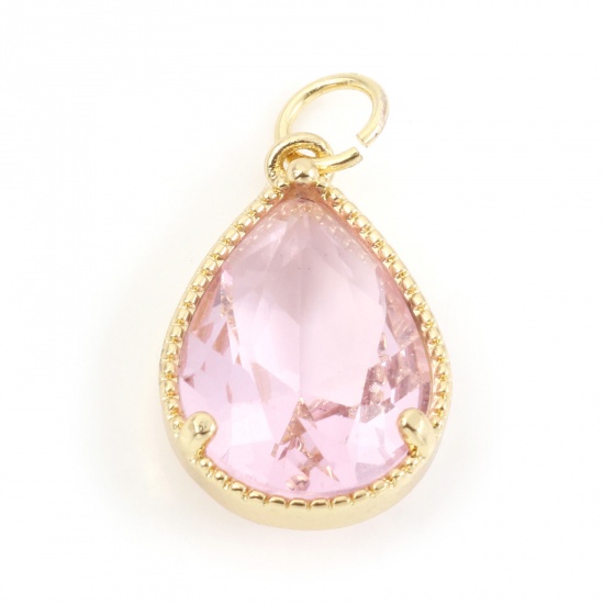 Picture of Brass & Glass Charms 18K Real Gold Plated Pink Drop 22mm x 12mm, 1 Piece