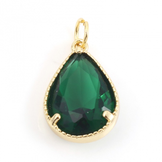 Picture of Brass & Glass Charms 18K Real Gold Plated Green Drop 22mm x 12mm, 1 Piece