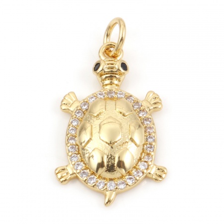 Picture of Brass Ocean Jewelry Charms 18K Real Gold Plated Tortoise Animal Micro Pave Clear Cubic Zirconia 26mm x 13mm, 1 Piece