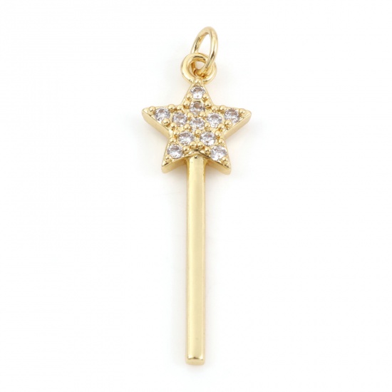 Picture of Brass Galaxy Charms 18K Real Gold Plated Magic Star Wand Pentagram Star Micro Pave Clear Cubic Zirconia 29mm x 8.5mm, 1 Piece                                                                                                                                 