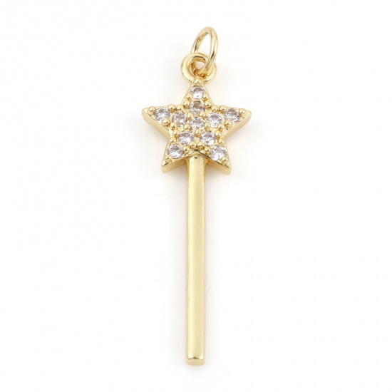 Immagine di Ottone Galassia Charms Bacchetta Magica 18K Vero Oro Placcato Stella a Cinque Punte Micro Spianare Trasparente Cubic Zirconiae 29mm x 8.5mm, 1 Pz