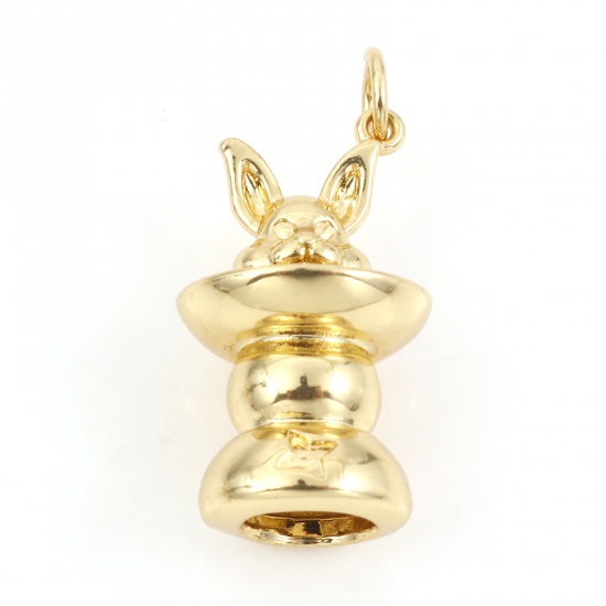 Picture of Brass 3D Charms 18K Real Gold Plated Rabbit Animal Micro Pave Clear Cubic Zirconia 24mm x 11.5mm, 1 Piece                                                                                                                                                     