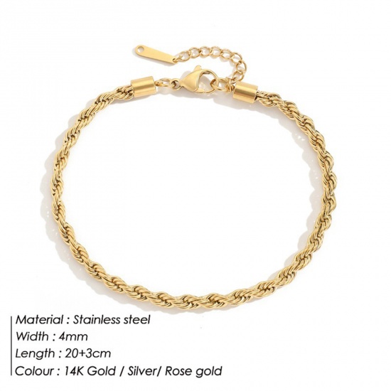 Picture of 304 Stainless Steel Simple Braided Rope Chain Anklet 14K Real Gold Plated 20cm(7 7/8") long, 1 Piece