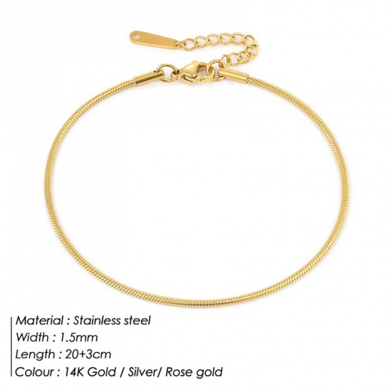 Picture of 304 Stainless Steel Simple Snake Chain Anklet 14K Real Gold Plated 20cm(7 7/8") long, 1 Piece
