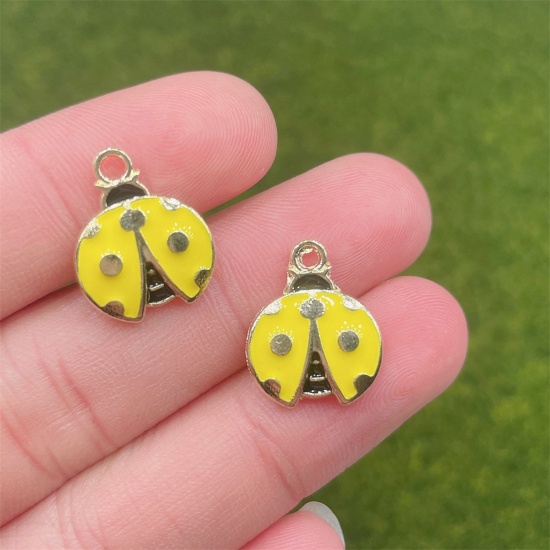 Picture of Zinc Based Alloy Insect Charms Gold Plated Yellow Ladybug Animal Enamel 18mm x 15mm, 10 PCs