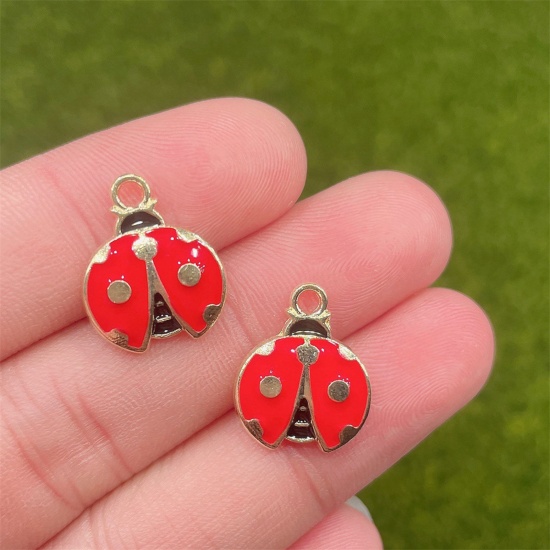 Picture of Zinc Based Alloy Insect Charms Gold Plated Red Ladybug Animal Enamel 18mm x 15mm, 10 PCs