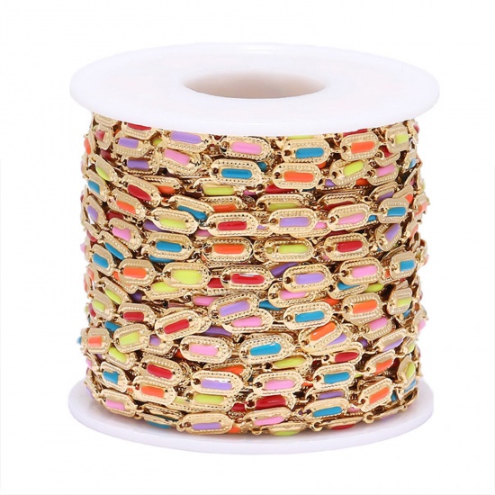 Picture of 304 Stainless Steel Handmade Link Chain Rectangle Gold Plated Multicolor Enamel 4.5mm, 1 M