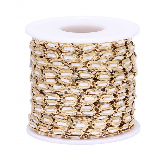 Picture of 304 Stainless Steel Handmade Link Chain Rectangle Gold Plated White Enamel 4.5mm, 1 M