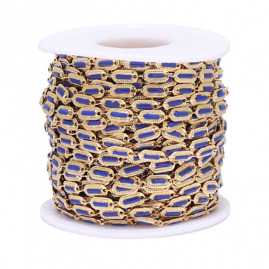 Picture of 304 Stainless Steel Handmade Link Chain Rectangle Gold Plated Royal Blue Enamel 4.5mm, 1 M