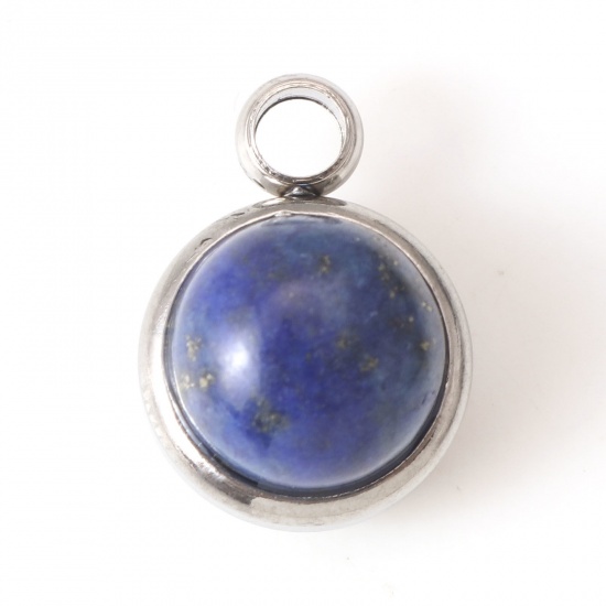 Picture of 304 Stainless Steel & Lapis Lazuli Charms Silver Tone Dark Blue Round 14mm x 10mm, 1 Piece