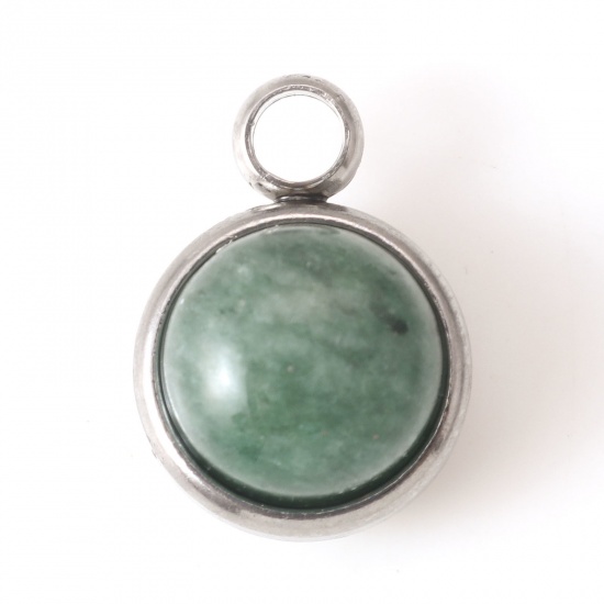 Picture of 304 Stainless Steel & Aventurine Charms Silver Tone Green Round 14mm x 10mm, 1 Piece