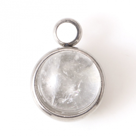 Picture of 304 Stainless Steel & Quartz Rock Crystal Charms Silver Tone Transparent Clear Round 14mm x 10mm, 1 Piece