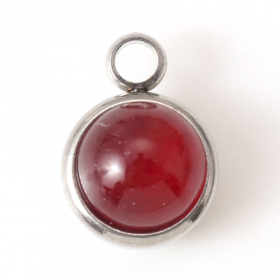 Picture of 304 Stainless Steel & Agate Charms Silver Tone Red Round 14mm x 10mm, 1 Piece