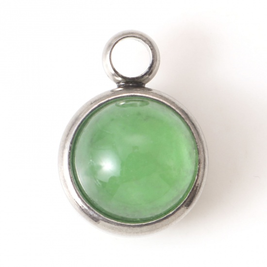 Picture of 304 Stainless Steel & Jade Charms Silver Tone Emerald Green Round 14mm x 10mm, 1 Piece