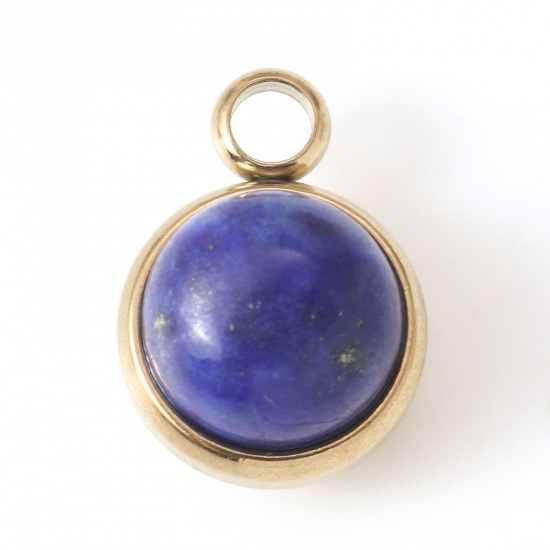 Picture of 304 Stainless Steel & Lapis Lazuli Charms Gold Plated Dark Blue Round 14mm x 10mm, 1 Piece