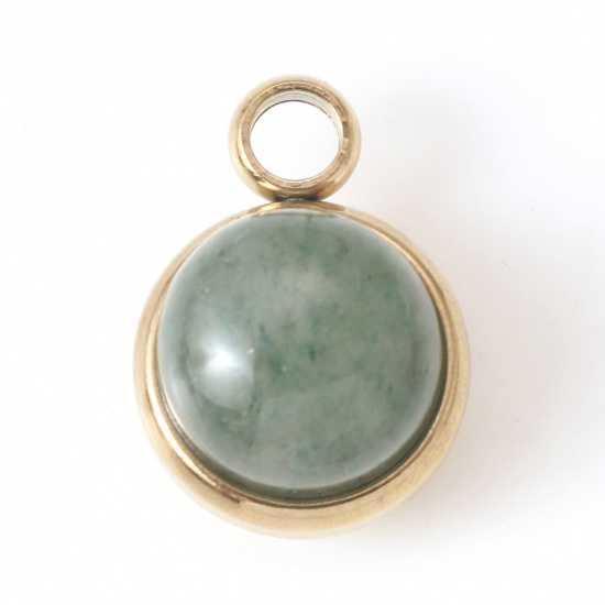 Picture of 304 Stainless Steel & Aventurine Charms Gold Plated Green Round 14mm x 10mm, 1 Piece