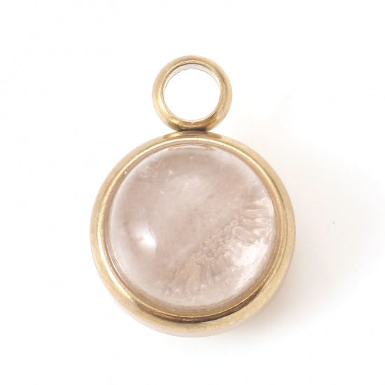 Picture of 304 Stainless Steel & Rose Quartz Charms Gold Plated Light Pink Round 14mm x 10mm, 1 Piece
