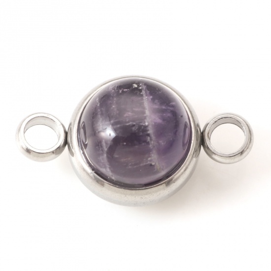 Picture of 304 Stainless Steel & Amethyst Connectors Silver Tone Purple Round 18mm x 10mm, 1 Piece