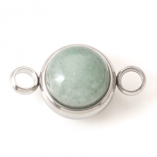 Picture of 304 Stainless Steel & Aventurine Connectors Silver Tone Green Round 18mm x 10mm, 1 Piece