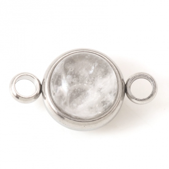 Picture of 304 Stainless Steel & Quartz Rock Crystal Connectors Silver Tone Transparent Clear Round 18mm x 10mm, 1 Piece