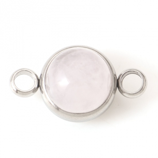 Picture of 304 Stainless Steel & Rose Quartz Connectors Silver Tone Light Pink Round 18mm x 10mm, 1 Piece