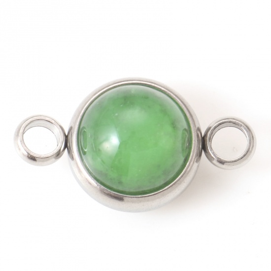 Picture of 304 Stainless Steel & Jade Connectors Silver Tone Emerald Green Round 18mm x 10mm, 1 Piece