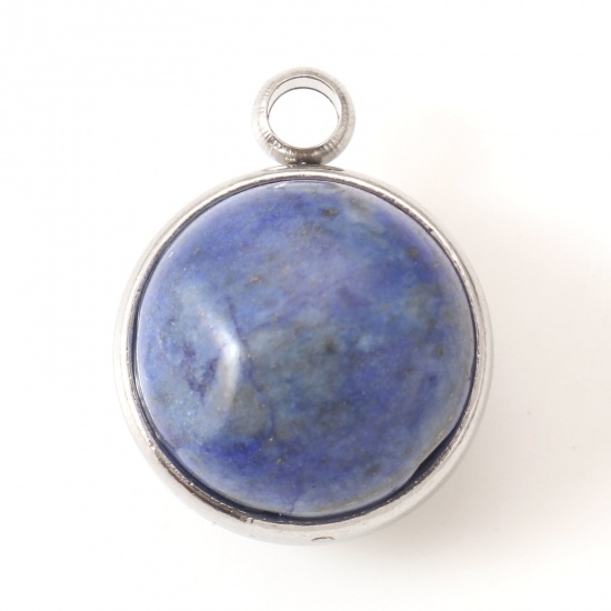 Picture of 304 Stainless Steel & Lapis Lazuli Charms Silver Tone Dark Blue Round 18mm x 14mm, 1 Piece