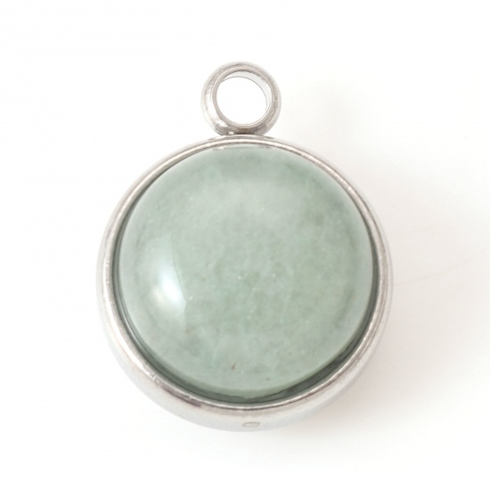 Picture of 304 Stainless Steel & Aventurine Charms Silver Tone Green Round 18mm x 14mm, 1 Piece