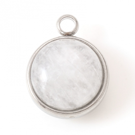 Picture of 304 Stainless Steel & Quartz Rock Crystal Charms Silver Tone Transparent Clear Round 18mm x 14mm, 1 Piece
