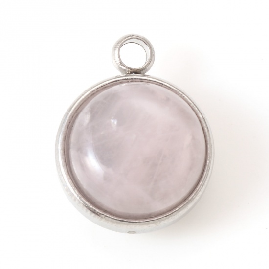 Picture of 304 Stainless Steel & Rose Quartz Charms Silver Tone Light Pink Round 18mm x 14mm, 1 Piece