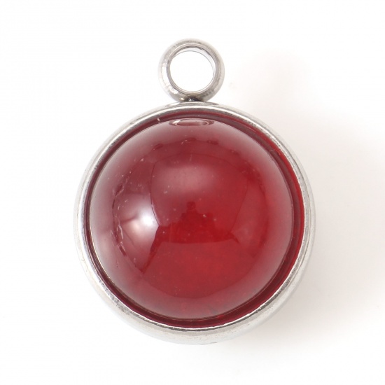 Picture of 304 Stainless Steel & Agate Charms Silver Tone Red Round 18mm x 14mm, 1 Piece