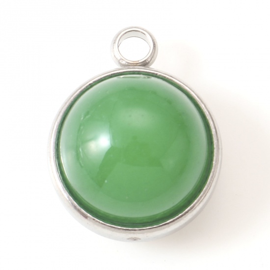Picture of 304 Stainless Steel & Jade Charms Silver Tone Emerald Green Round 18mm x 14mm, 1 Piece