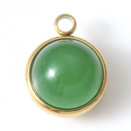 Picture of 304 Stainless Steel & Jade Charms Gold Plated Emerald Green Round 18mm x 14mm, 1 Piece