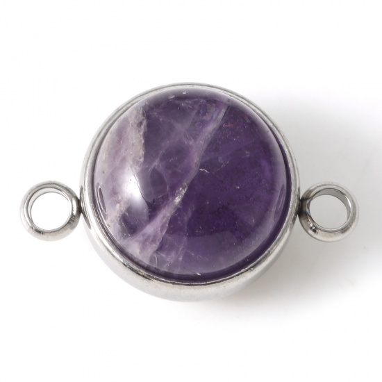 Picture of 304 Stainless Steel & Amethyst Connectors Silver Tone Purple Round 22mm x 14mm, 1 Piece