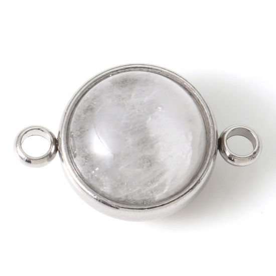 Picture of 304 Stainless Steel & Quartz Rock Crystal Connectors Silver Tone Transparent Clear Round 22mm x 14mm, 1 Piece