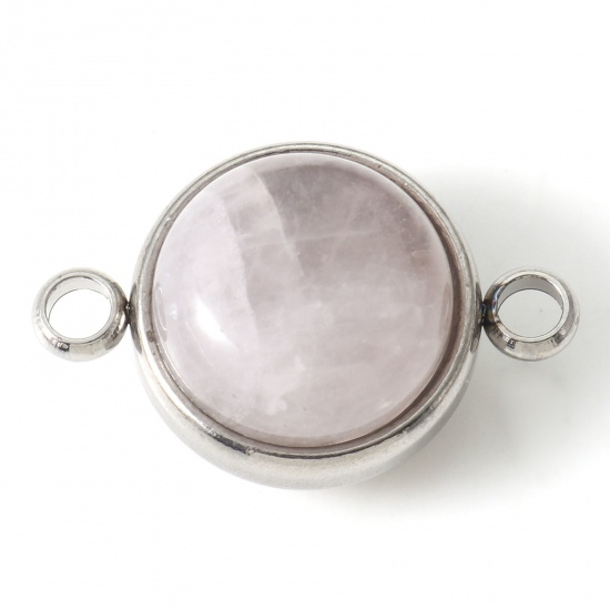 Picture of 304 Stainless Steel & Rose Quartz Connectors Silver Tone Light Pink Round 22mm x 14mm, 1 Piece