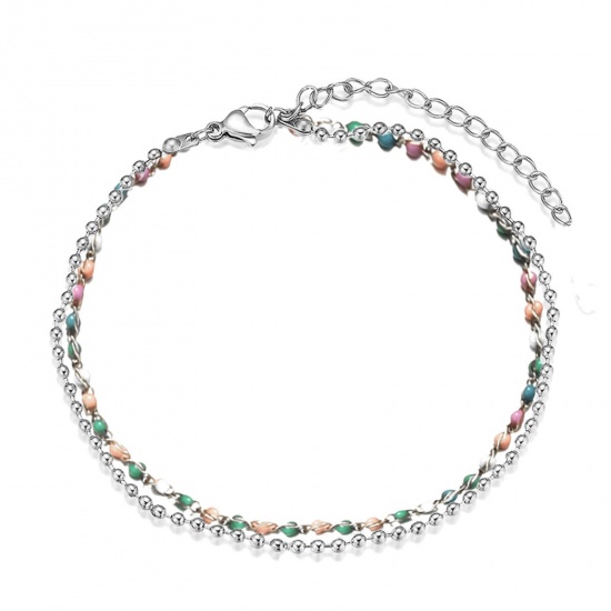 Picture of 304 Stainless Steel Stylish Ball Chain Multilayer Layered Anklet Silver Tone Multicolor 25cm(9 7/8") long, 1 Piece