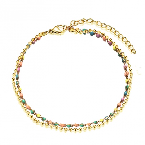 Picture of 304 Stainless Steel Stylish Ball Chain Multilayer Layered Anklet Gold Plated Multicolor 25cm(9 7/8") long, 1 Piece