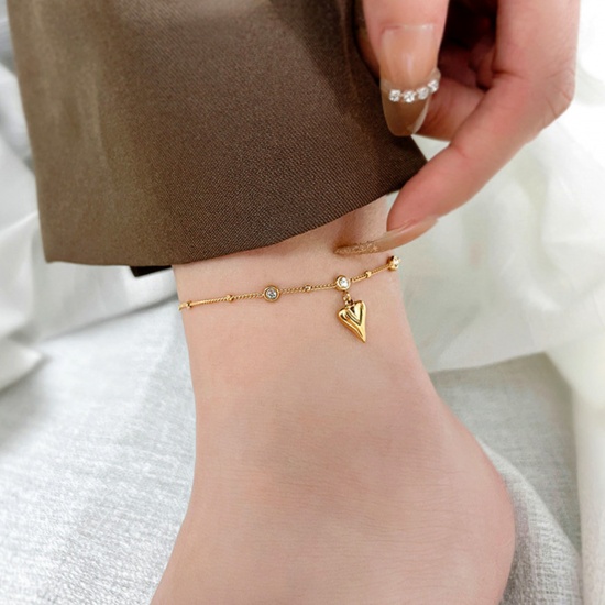 Picture of 304 Stainless Steel Stylish Link Chain Anklet Gold Plated Heart Clear Cubic Zirconia 21cm(8 2/8") long, 1 Piece