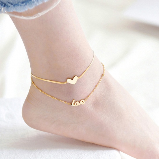 Picture of 304 Stainless Steel Stylish Snake Chain Multilayer Layered Anklet Gold Plated Heart Message " LOVE " 21cm(8 2/8") long, 1 Piece